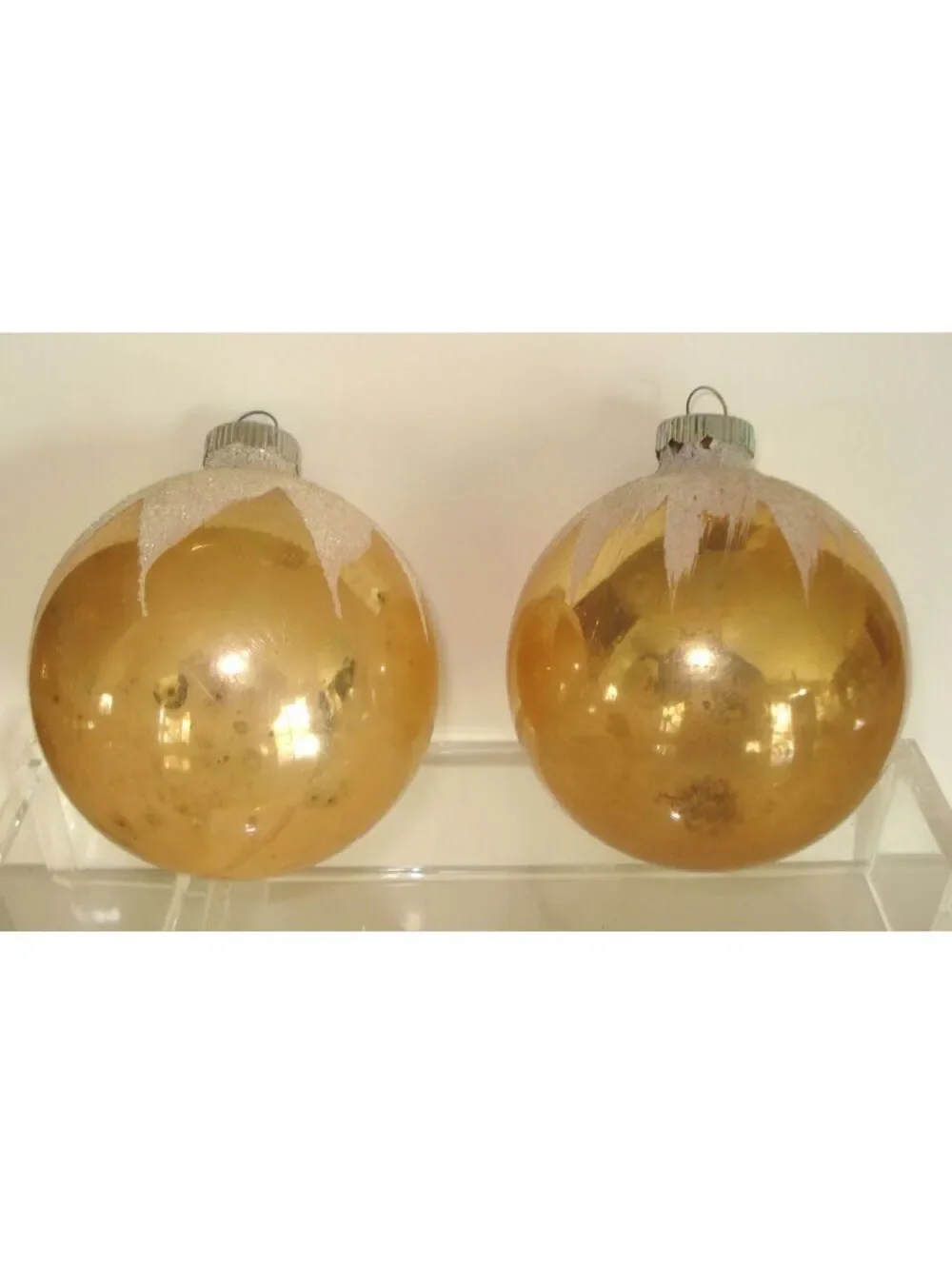 2 VTG Shiny Brite Gold Scalloped Mica Snow Cap Mercury Glass Christmas Ornaments